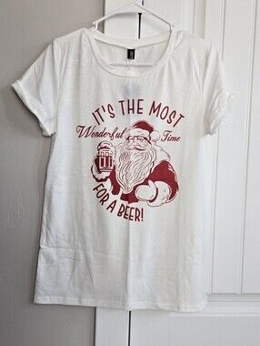 White Graphic Short Sleeve Tee with Red Santa Beer Print